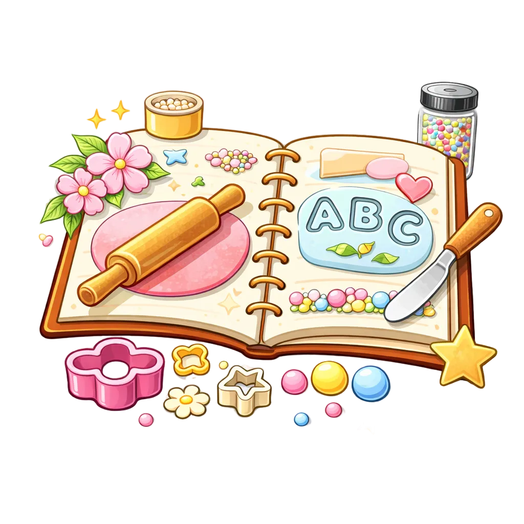 Illustration of an open book with educational items like letters, a rolling pin, and cookie cutters on a white background.