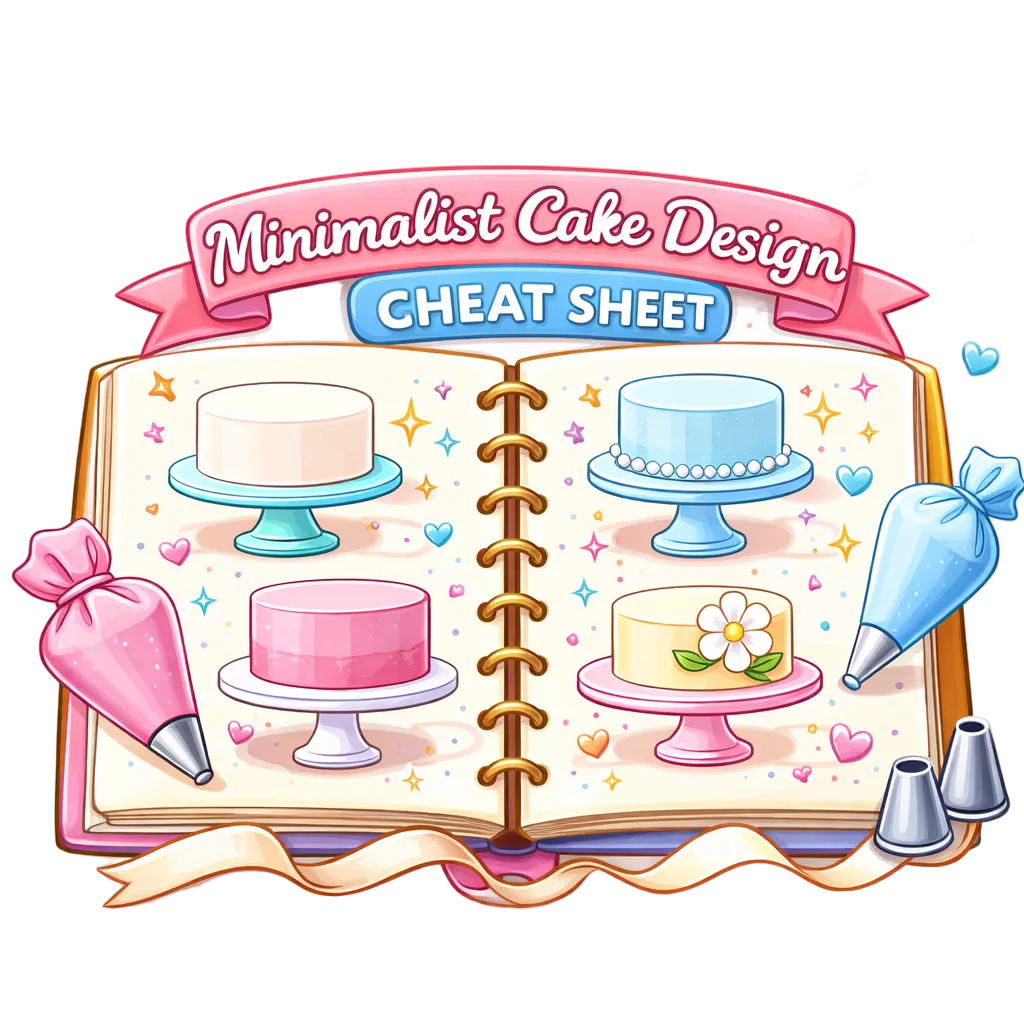 Illustration of a cake design cheat sheet with colorful cakes and baking tools.