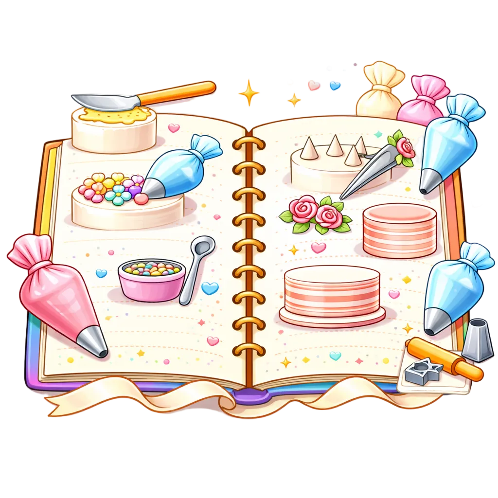 Illustration of an open book with cake decorating tools and ingredients on a white background