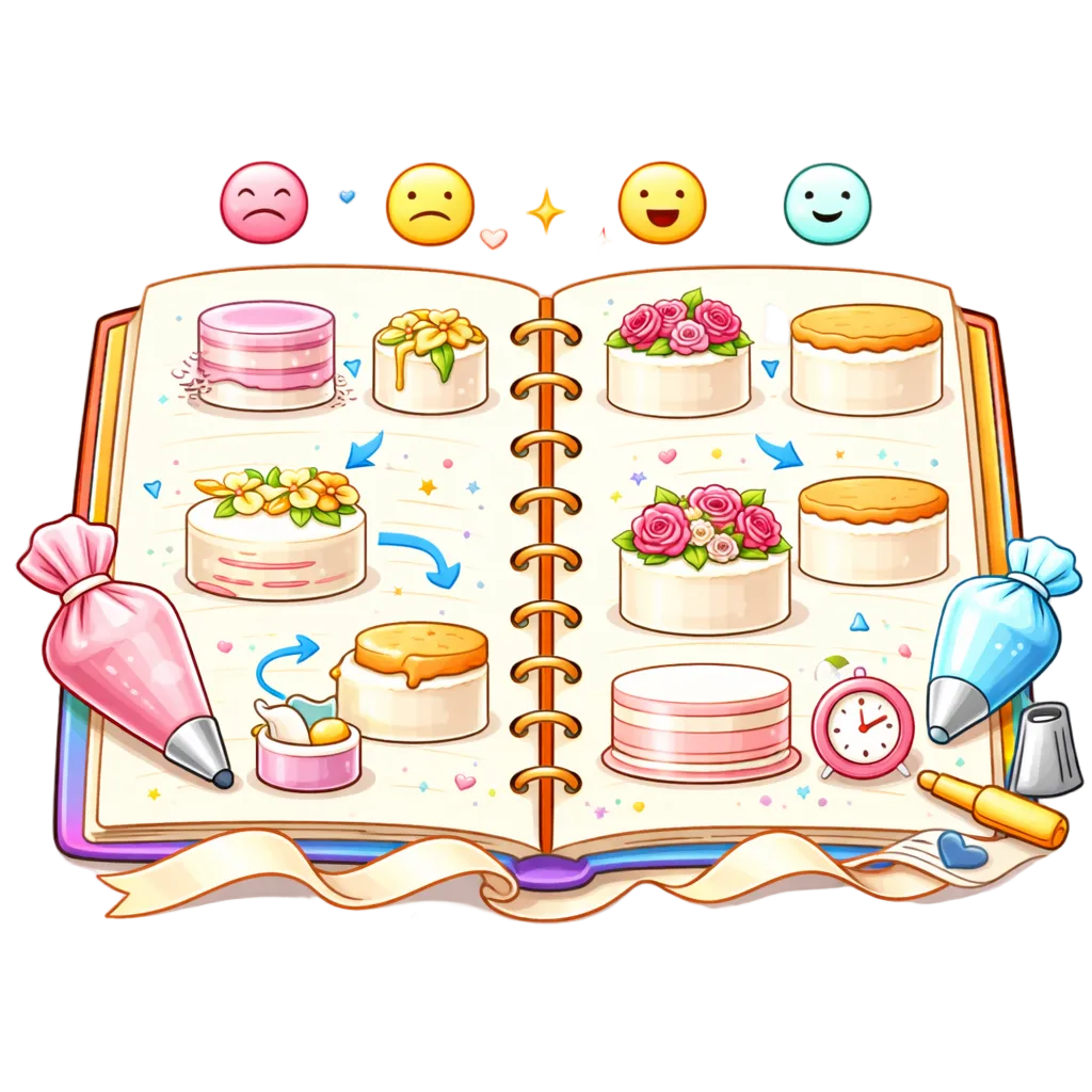 Illustration of a spiral-bound notebook with cake illustrations and baking tools on a white background.