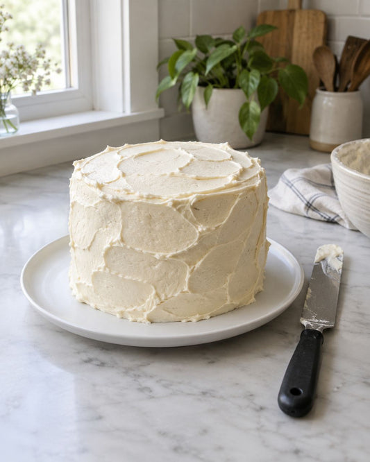 Rustic buttercream cake decorated with an icing spatula