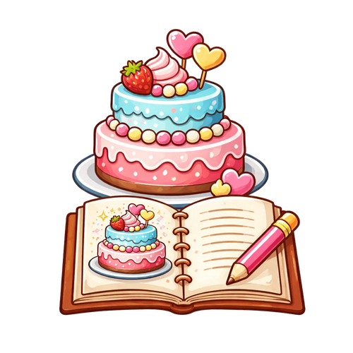 Illustration of a cake on an open book with a pink pen