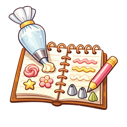 Illustration of a notebook with icing bags and colorful decorations on a white background