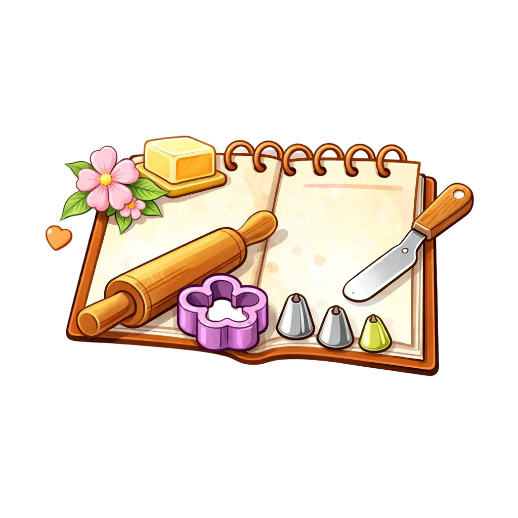 Illustration of a notebook with baking tools and ingredients on a white background