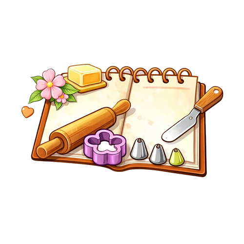 Illustration of a notebook with baking tools and ingredients on a white background