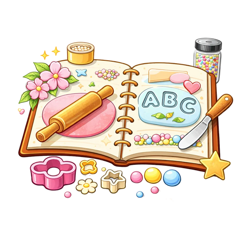 Illustration of an open book with educational items like letters, a rolling pin, and cookie cutters on a white background.