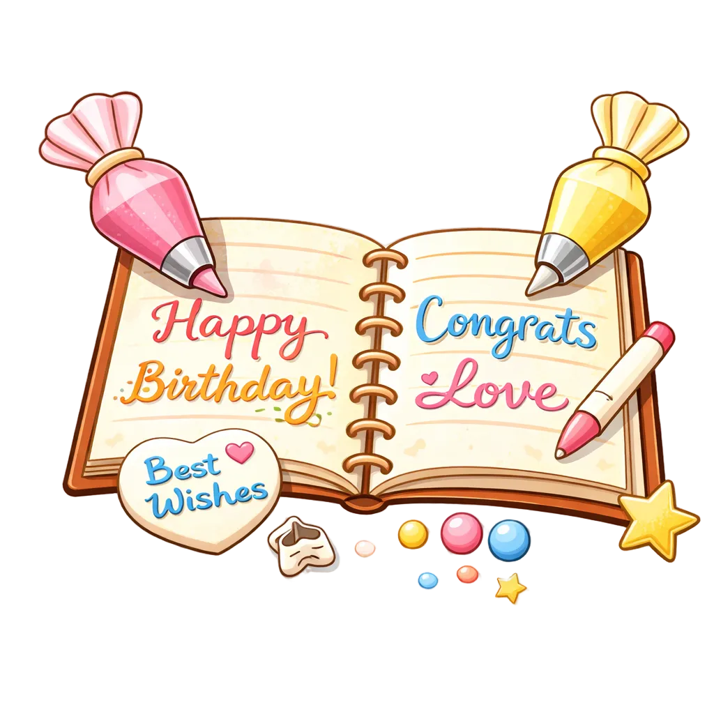 Open book with celebratory text and stationery items on a white background