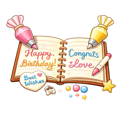Open book with celebratory text and stationery items on a white background