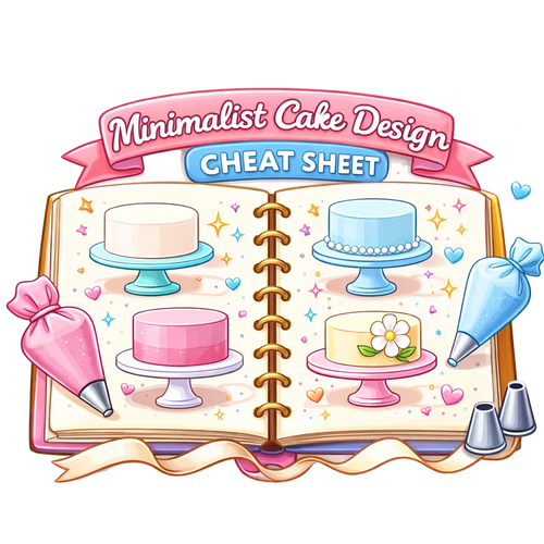 Illustration of a cake design cheat sheet with colorful cakes and baking tools.