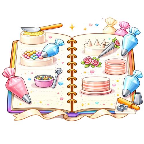 Illustration of an open book with cake decorating tools and ingredients on a white background