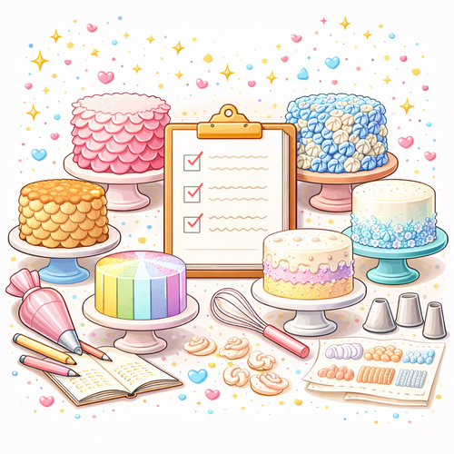 Illustration of various cakes and baking tools on a white background