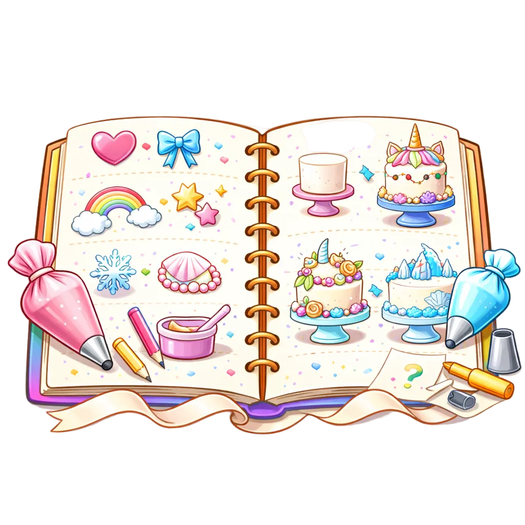 Illustration of a notebook with cake designs and baking tools on a white background