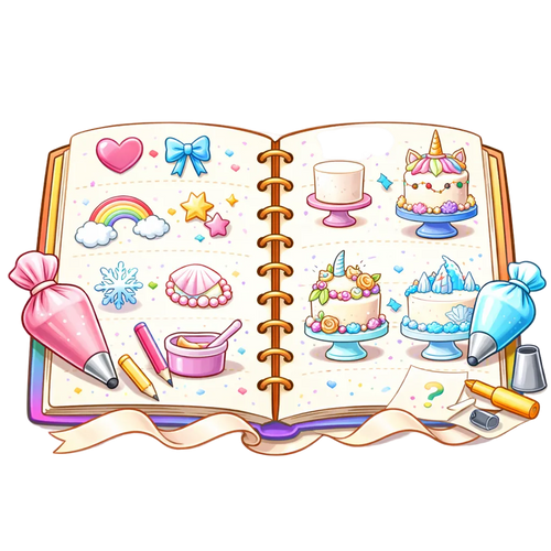 Illustration of a notebook with cake designs and baking tools on a white background