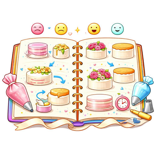 Illustration of a spiral-bound notebook with cake illustrations and baking tools on a white background.