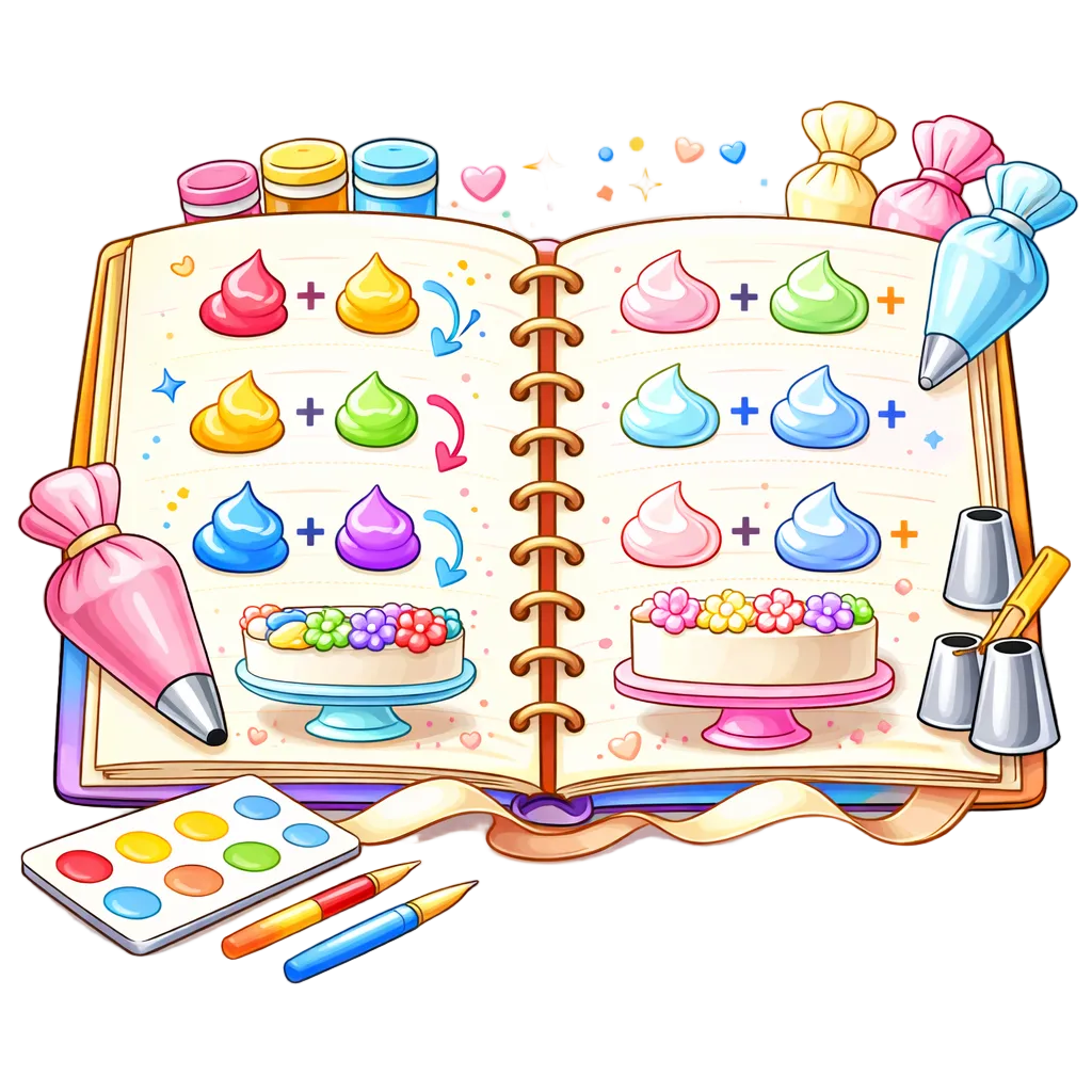 Illustration of a coloring book with cake illustrations and art supplies on a white background