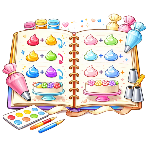 Illustration of a coloring book with cake illustrations and art supplies on a white background