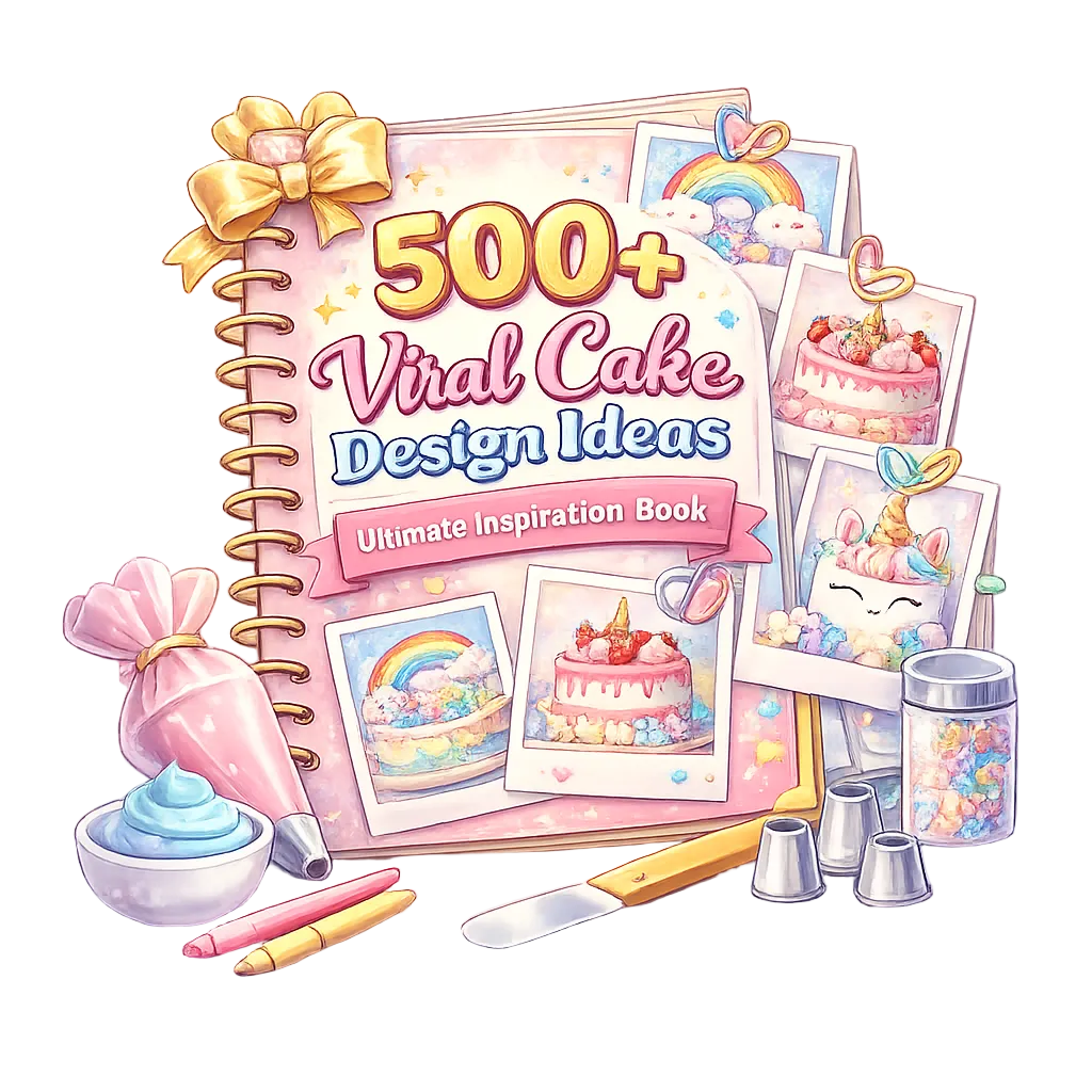Book titled '500+ Viral Cake Design Ideas' with cake decorating tools and images on a white background