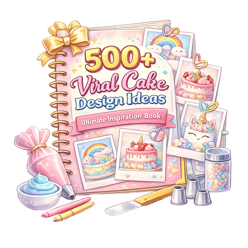 Book titled '500+ Viral Cake Design Ideas' with cake decorating tools and images on a white background