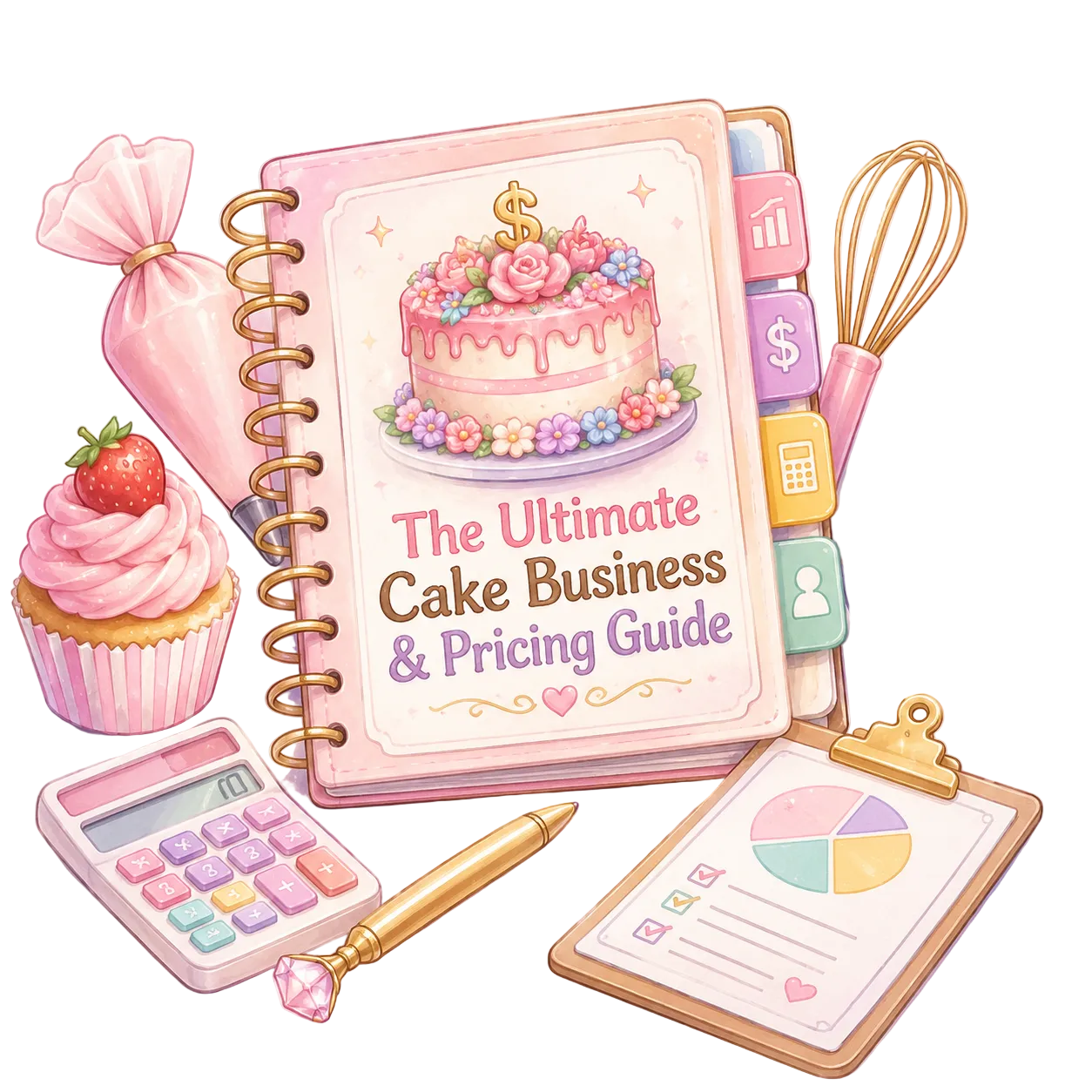 Illustration of 'The Ultimate Cake Business & Pricing Guide' book with baking tools and a cake on a pink background.
